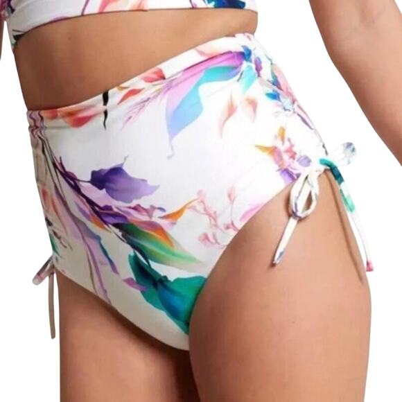 NWT Calia Ruched Side Tie High Rise Swim Bottom Unbleached/Multi Floral Size M - Picture 1 of 14